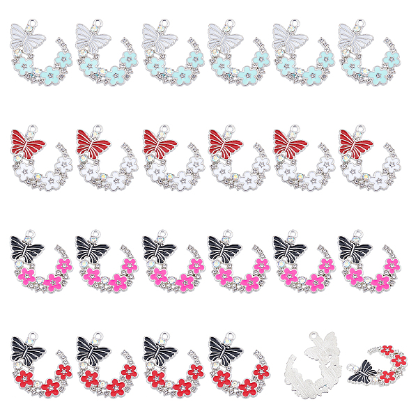 

PandaHall 24Pcs 4 Colors Alloy Rhinestone Pendants, with Enamel, Platinum, Butterfly with Flower, Mixed Color, 22x29x2mm, Hole: 1.8mm..., Multicolor