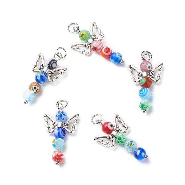 

PandaHall Handmade Millefiori Glass Pendants, with Tibetan Style Alloy Beads and 304 Stainless Steel Jump Rings, Angel, Mixed Color..., Multicolor
