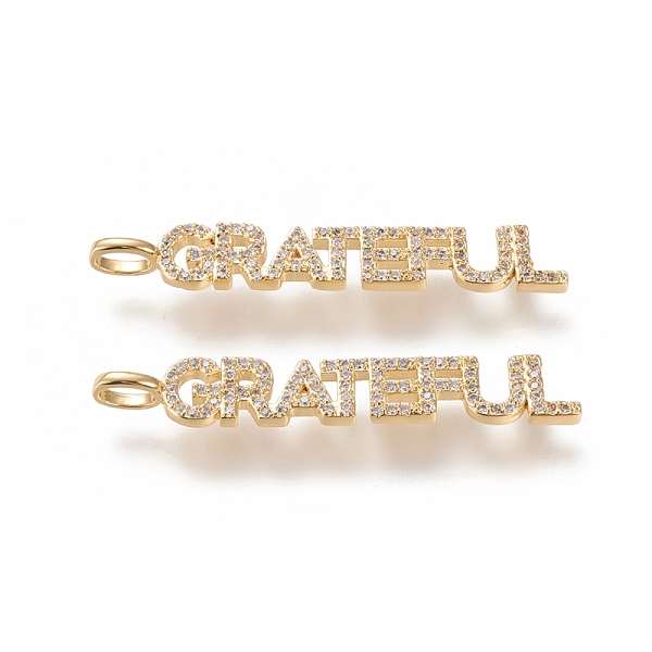 

PandaHall Brass Micro Pave Clear Cubic Zirconia Pendants, Long-Lasting Plated, Word Grateful, Real 18K Gold Plated, 41.3x6.5x2mm, Hole...