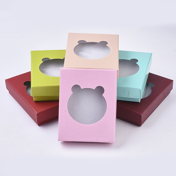 PandaHall Cardboard Jewelry Boxes, for Ring, Necklace, Earring, with Bear Shape Clear Window and Sponge Inside, Rectangle, Mixed Color...