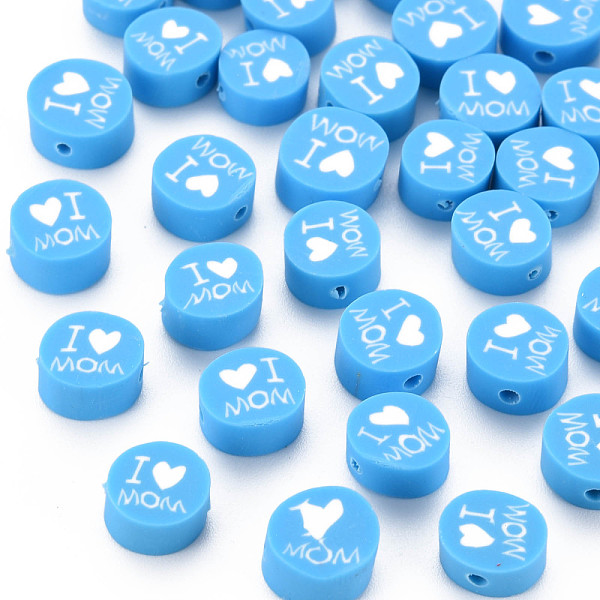 

PandaHall Handmade Polymer Clay Beads, Mother's Day Theme, Flat Round with Word I Love MOM, Deep Sky Blue, 8~9.5x3.5~4.5mm, Hole: 1.5mm...