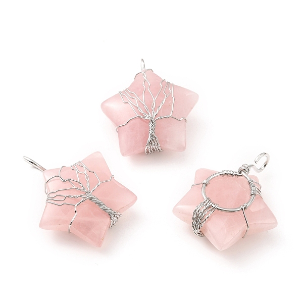 

PandaHall Natural Rose Quartz Pendants, with Platinum Tone Copper Wire Wrapped, Cadmium Free & Lead Free, Star, 34~37.5x29~31x10~12mm, Hole...