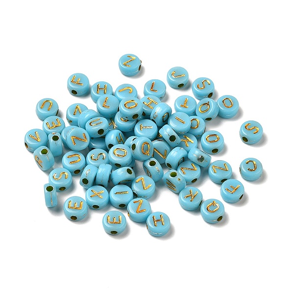 

PandaHall Plating Acrylic Beads, Golden Metal Enlaced, Horizontal Hole, Flat Round with Letter, Light Sky Blue, 6.5~7x3.5~4mm, Hole: 1.6mm...
