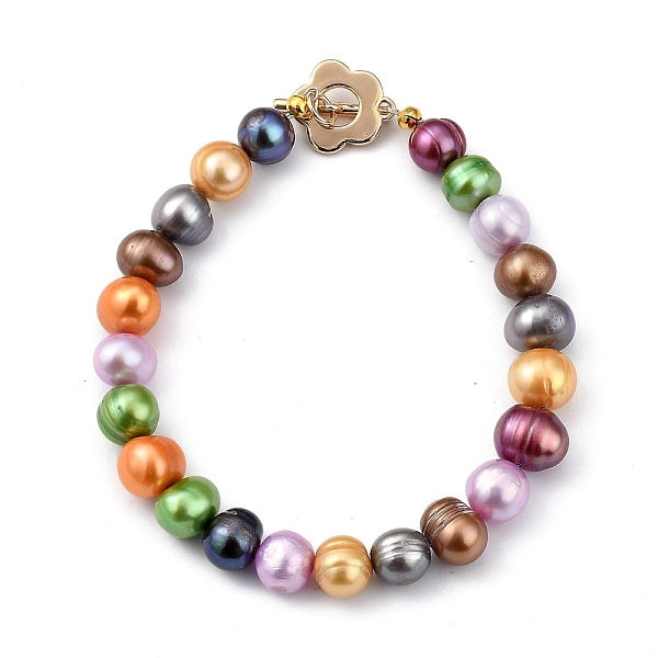 

PandaHall Natural Cultured Freshwater Pearl Beaded Bracelets, with Flower Brass Toggle Clasps, Golden, Colorful, 7-7/8 inch(20cm) Pearl