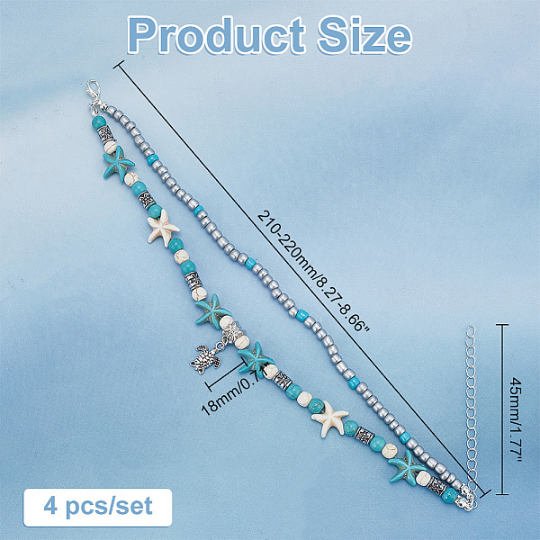 

PandaHall arricraft 4 Pcs Sea Turtle Anklets, Tortoise Alloy Turtle Starfish Anklets Double Layer Anklets Ocean Theme Anklet Handmade Boho..., Green