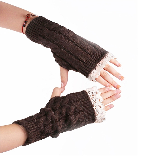 

PandaHall Acrylic Fiber Yarn Knitting Fingerless Gloves, Lace Edge Winter Warm Gloves with Thumb Hole for Women, Coconut Brown, 190x75mm...