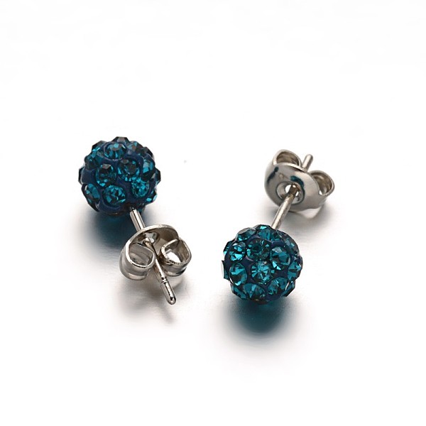 

PandaHall Polymer Clay Rhinestone Ball Stud Earrings, with Stainless Steel Stud Earring Findings, Stainless Steel Color, Blue Zircon, 6mm..., Cyan