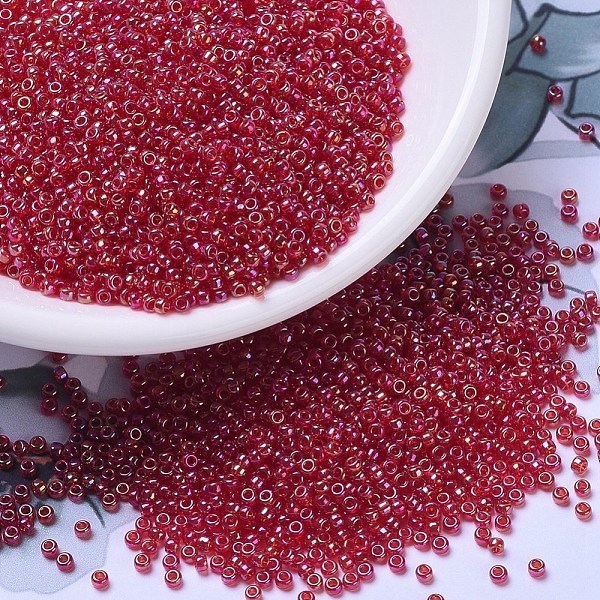 

PandaHall MIYUKI Round Rocailles Beads, Japanese Seed Beads, 11/0, (RR298) Transparent Ruby AB, 2x1.3mm, Hole: 0.8mm, about 1111pcs/10g..., Red