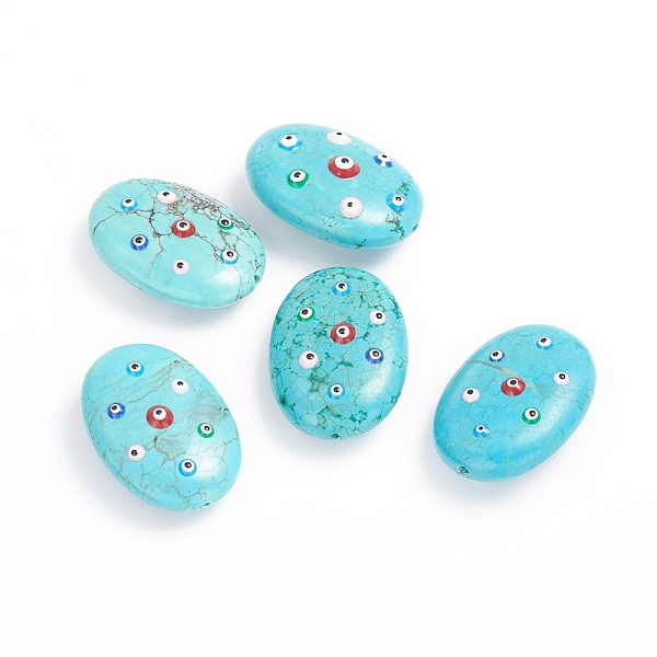 PandaHall Natural Howlite Beads, Dyed & Heated, with Enamel, Oval wit Evil Eye, Colorful, 25.5x18.5x8.5~10.5mm, Hole: 1.2mm Howlite Oval