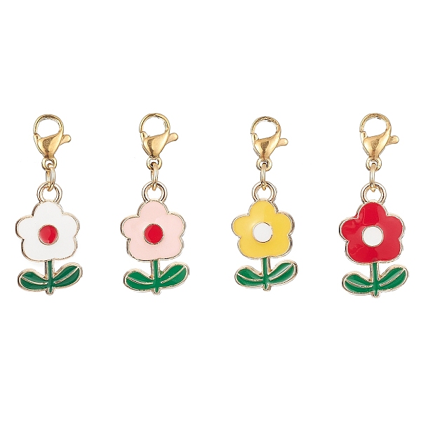PandaHall Flower Zinc Alloy Enamel Pendant Decoration, with 304 Stainless Steel Lobster Claw Clasps, Mixed Color, 30mm Alloy+Enamel Flower...