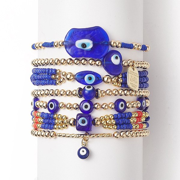 

PandaHall 7Pcs 7 Style Evil Eye Lampwork & Glass Seed & Brass Beaded Stretch Bracelets Set for Women, Alloy Word Charms Stackable Bracelets..., Blue