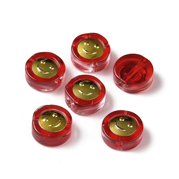

PandaHall Transparent Spray Painted Glass Beads, with Golden Brass Findings, Flat Round with Smile, Red, 11.5x4mm, Hole: 1.2mm Glass Flat...