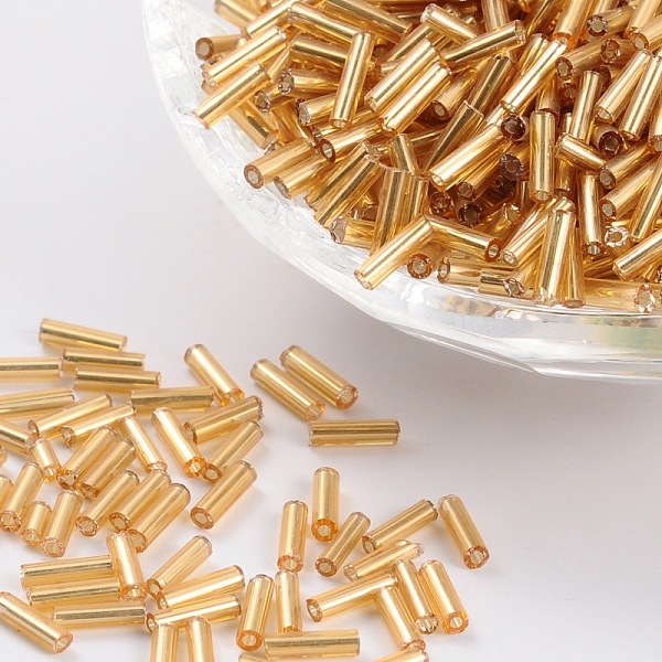 

PandaHall Glass Bugle Beads, Silver Lined, Light Khaki, 6~8x1.8mm, Hole: 0.6mm, 1250pcs/50g Glass