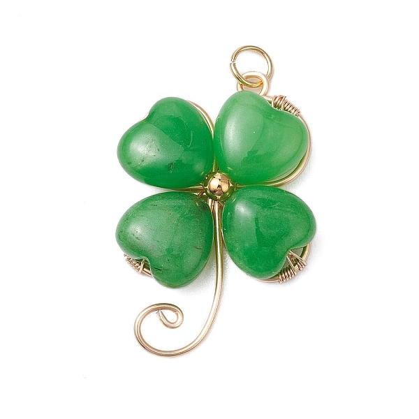 Dyed Natural Malaysia Jade Copper Wire Wrapped Shamrock Pendants, Four-leaf Clover Charms with Jump Rings, Golden, 34x20.5x6.5mm, Hole: 3mm