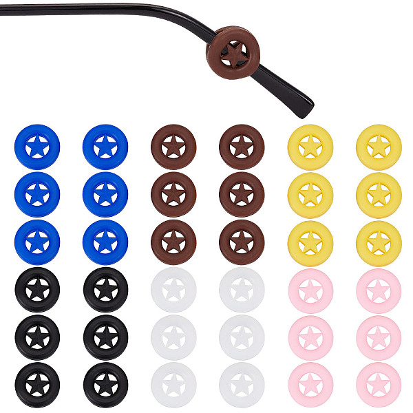 PandaHall Gorgecraft 18 Pairs 6 Colors Silicone Eyeglasses Ear Grip, Anti Slip Holder, Flat Round with Star, Mixed Color, 14.5x5mm, Hole...