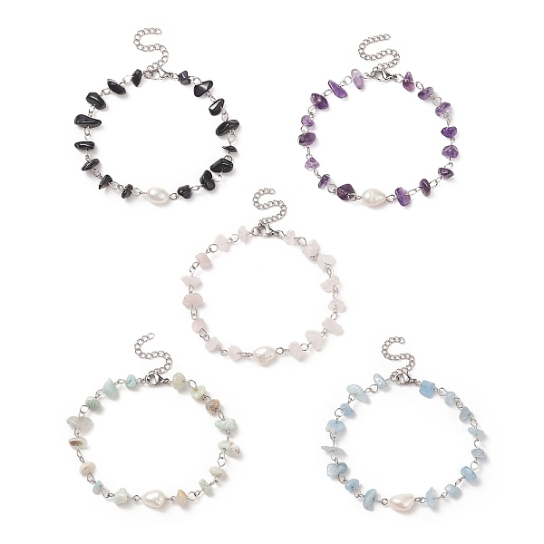 

PandaHall Natural Gemstone Beaded Anklets, with 304 Stainless Steel Findings and Natural Cultured Freshwater Pearl, 8-1/2 inch(21.7cm) Mixed...