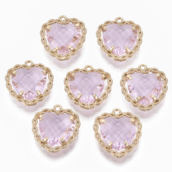 

PandaHall Glass Pendants, with Brass Open Back Settings, Faceted, Heart, Light Gold, Pink, 18x16~17x5.5mm, Hole: 1.2mm Brass+Glass Heart...