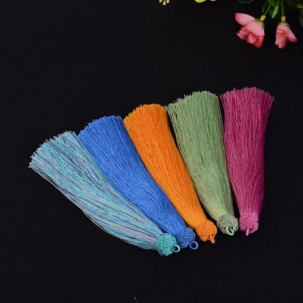 

PandaHall Beautiful Design Nylon Tassel Pendant Decorations, Mixed Color, 160x18mm, Hole: 4mm Nylon Multicolor