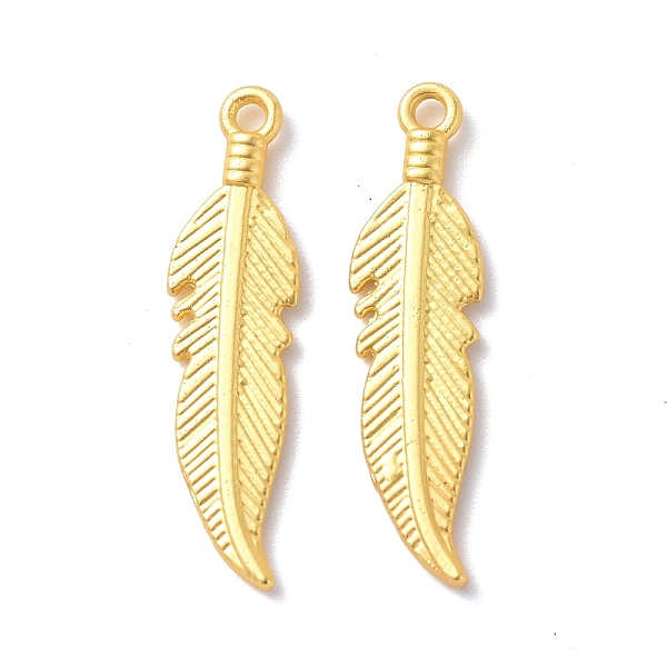 

PandaHall Rack Plating Alloy Pendants, Cadmium Free & Lead Free & Nickle Free, Feather Charm, Matte Gold Color, 25.5x6.5x2mm, Hole: 1.5mm...