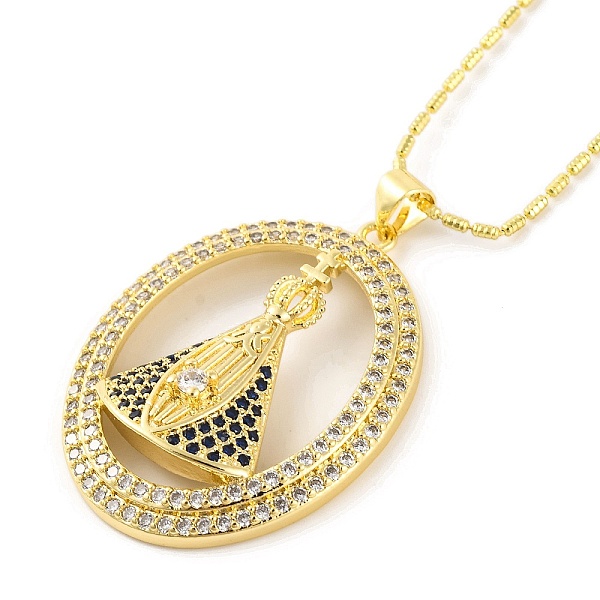 Brass Micro Pave Clear & Blue Cubic Zirconia Nossa Senhora Aparecida Pendant Necklaces for Women