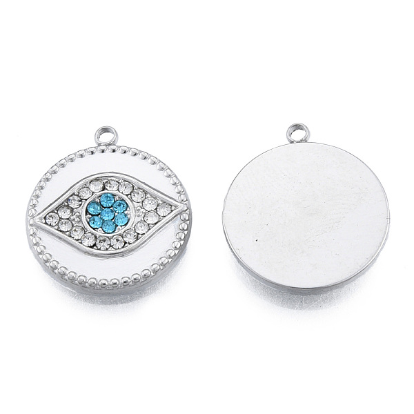 

PandaHall 304 Stainless Steel Pendants, with Rhinestone, Flat Round with Eye, Stainless Steel Color, 19x16.5x2.5mm, Hole: 1.4mm Stainless..., Cyan