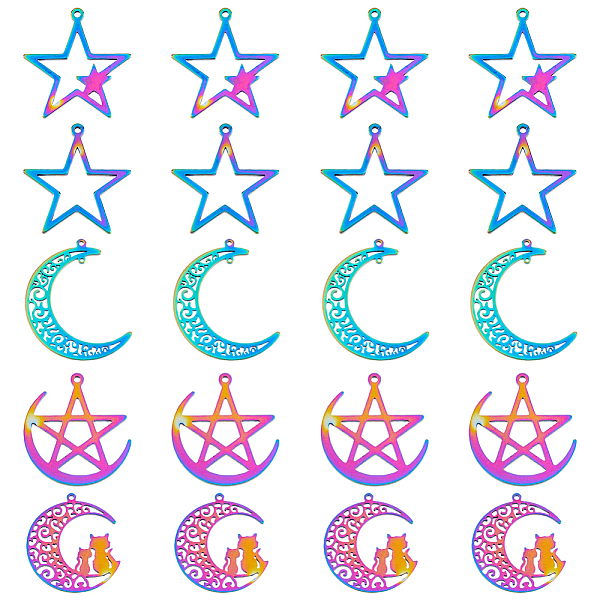 

PandaHall SUPERFINDINGS 20Pcs 5 Style 304 Stainless Steel Pendants, Moon with Cat & Star, Rainbow Color, 26~40x25~34x1.5mm, Hole: 1.2~1.5mm...