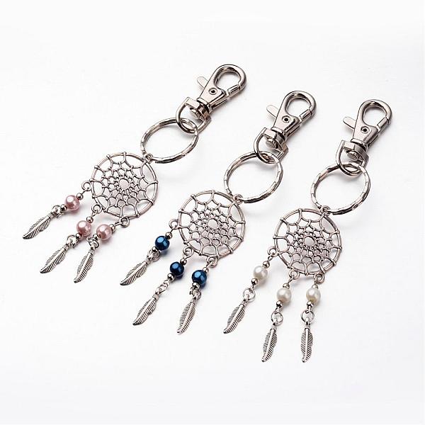 

PandaHall Woven Net/Web with Feather Keychain, Alloy Glass Pearl Keychain, with Alloy Swivel Clasps, Mixed Color, 125mm Alloy Others..., Multicolor