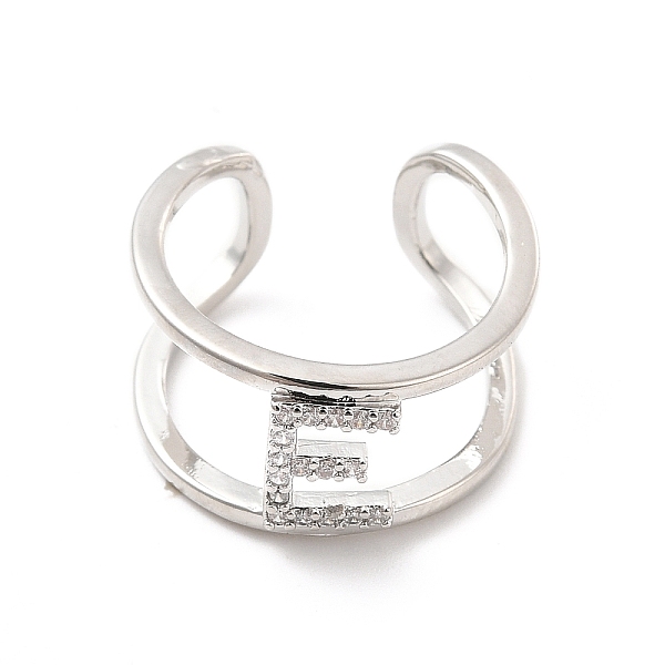 

PandaHall Clear Cubic Zirconia Initial Letter Open Cuff Ring, Platinum Brass Double Line Ring for Women, Lead Free & Cadmium Free, Letter.E...