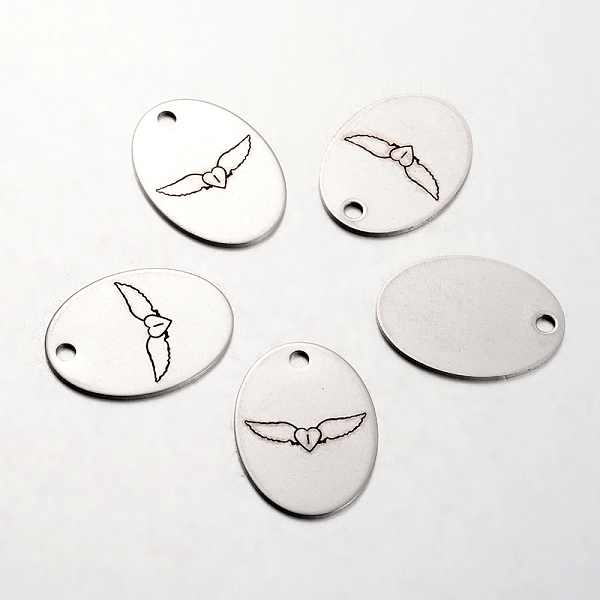 

PandaHall Spray Painted Stainless Steel Pendants, Oval with Flying Heart Pattern, Stainless Steel Color, 30x22x1mm, Hole: 3mm Stainless...