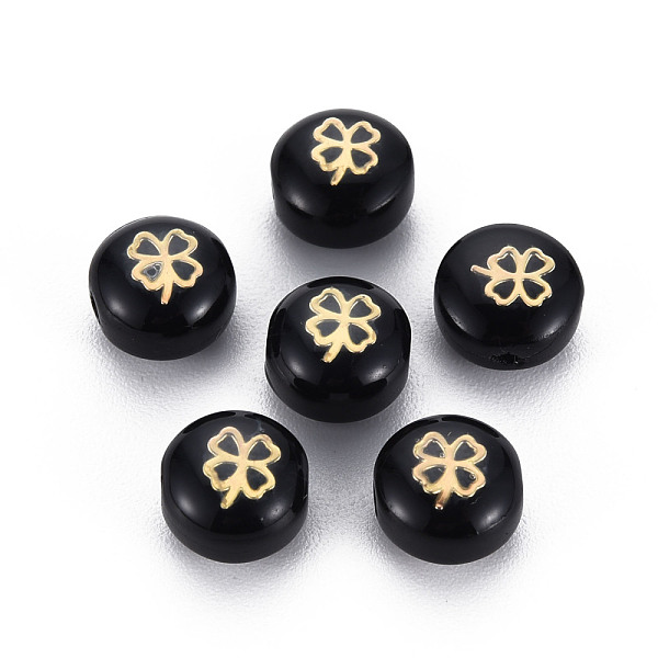 

PandaHall Handmade Lampwork Beads, with Golden Plated Brass Etched Metal Embellishments, Flat Round with Clover, Black, 8x5~6mm, Hole: 0.8mm...