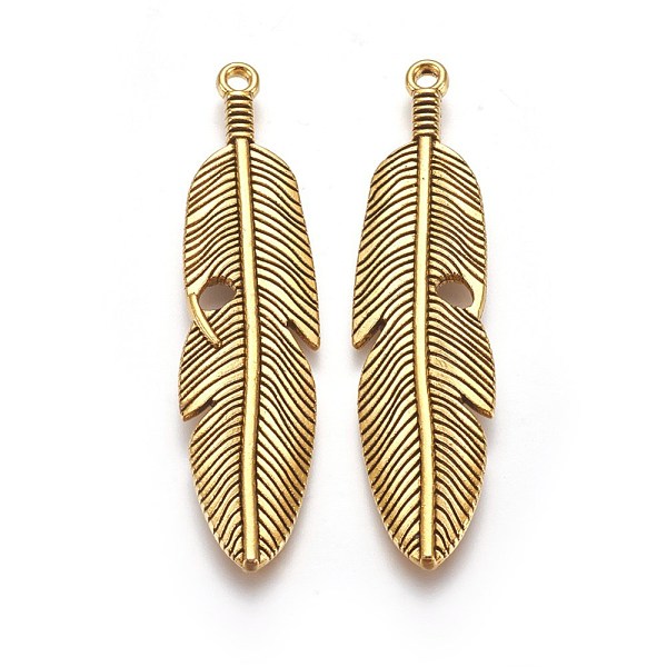 

PandaHall Tibetan Style Alloy Feather Big Pendants, Lead Free & Cadmium Free, Antique Golden, 61x15x3mm, Hole: 2mm Alloy Feather