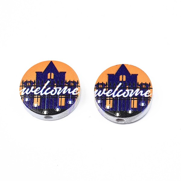 

PandaHall Halloween Printed Natural Wood Beads, Flat Round with Word Welcome & Castle, Midnight Blue, 19~20x5.9mm, Hole: 2~2.2mm Wood Flat...