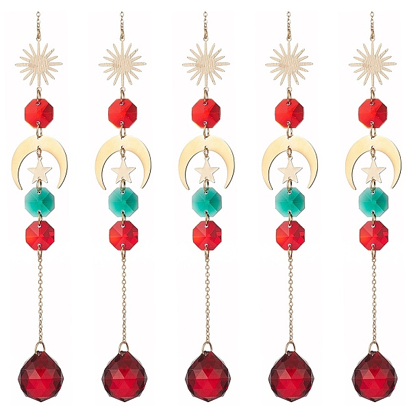 PandaHall Glass Teardrop & Octagon Window Hanging Suncatchers, Brass Sun & Moon & Star Pendants Decorations, Christmas Theme Ornaments...