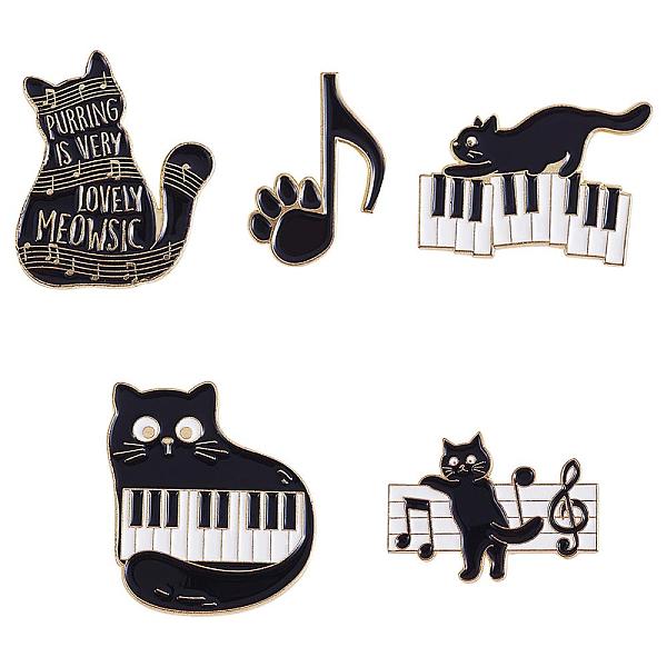 PandaHall 5Pcs 5 Style Cat with Music Enamel Pins, Light Gold Alloy Word Badges for Backpack Clothes, Black, 29.5~30x21~27x2mm, 1Pc/style...