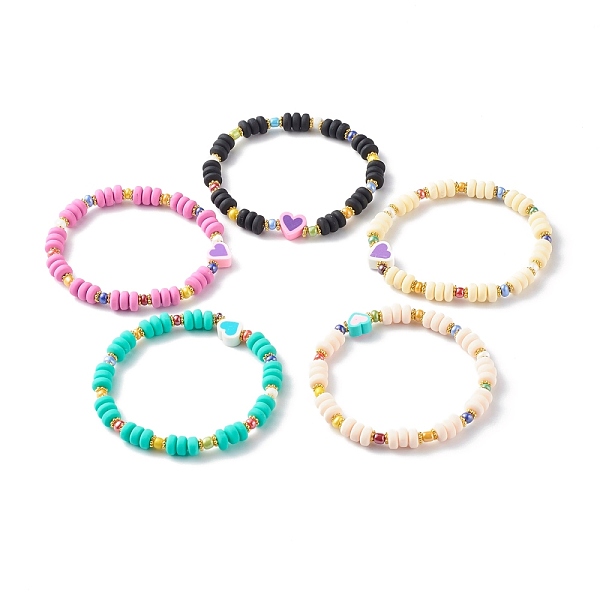 

PandaHall Handmade Polymer Clay Beads Stretch Bracelets, with Brass Spacer Beads and Glass Seed Beads, Heart, Mixed Color, Inner Diameter..., Multicolor