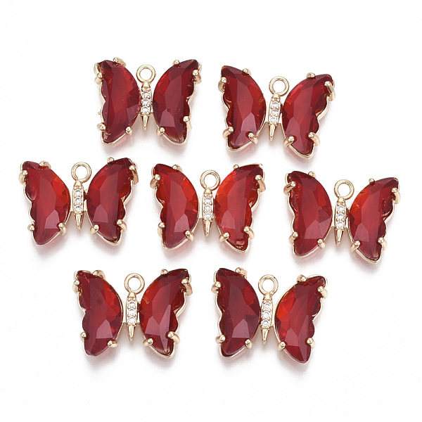 

PandaHall Glass Pendants, with Micro Pave Cubic Zirconia and Brass Open Back Settings, Faceted, Butterfly, Light Gold, FireBrick..., Red