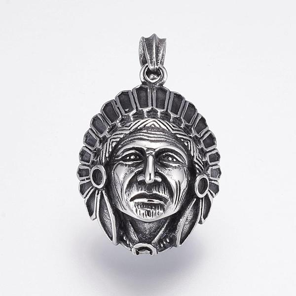 

PandaHall 304 Stainless Steel Pendants, Native American Charm, Antique Silver, 40x30x17mm, Hole: 4.5x7mm 304 Stainless Steel Human