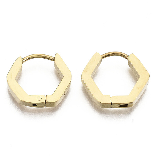 

PandaHall 304 Stainless Steel Huggie Hoop Earrings, Hexagon, Real 18K Gold Plated, 13.5x15x2.5mm, Pin: 0.8mm 304 Stainless Steel Hexagon