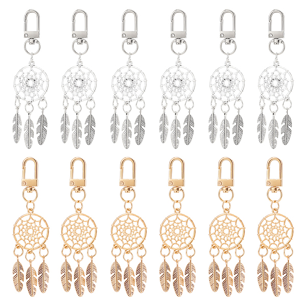 

PandaHall 12 Pcs 2 Colors Dream Catcher Keychain, Alloy Woven Net with Feather Pendant Charms King Ring with Swivel Clasp for DIY Jewelry...