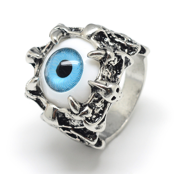 

PandaHall Alloy Resin Finger Rings, Wide Band Rings, Chunky Rings, Eye, Antique Silver, Size 8, Light Sky Blue, 18mm Alloy Blue