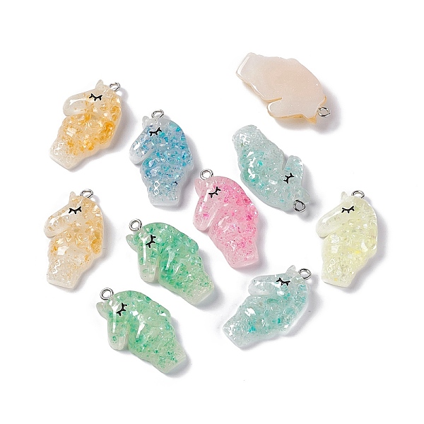 

PandaHall Translucent Resin Pendants, Glitter Unicorn Charms, with Platinum Tone Iron Loops, Mixed Color, 31.5x19x7.5mm, Hole: 2mm..., Multicolor