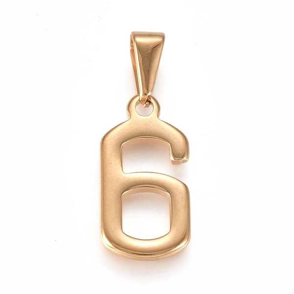 

PandaHall 304 Stainless Steel Pendants, Number, Golden, Num.6, 21x10.5x1.5mm, Hole: 6x3mm 304 Stainless Steel Number