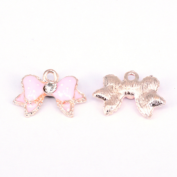 

PandaHall Rack Plating Alloy Enamel Pendants, with Crystal Rhinestone, Bowknot, Light Gold, Pink, 17x25x5mm, Hole: 2.5mm Alloy...