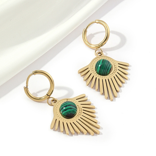 

PandaHall 201 Stainless Steel Fan with Natural Malachite Dangle Hoop Earrings, with 304 Stainless Steel Pins, Golden, 43.5x24mm Malachite..., Gold