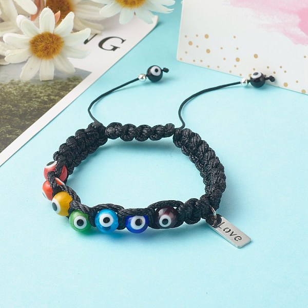 

PandaHall Adjustable Nylon Thread Braided Bead Bracelets, with Handmade Evil Eye Lampwork Beads, 304 Stainless Steel Charm, Rectangle with...