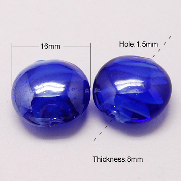 

PandaHall Handmade Lampwork Beads, Pearlized, Flat Round, Medium Blue, 16x8mm Lampwork Flat Round Blue