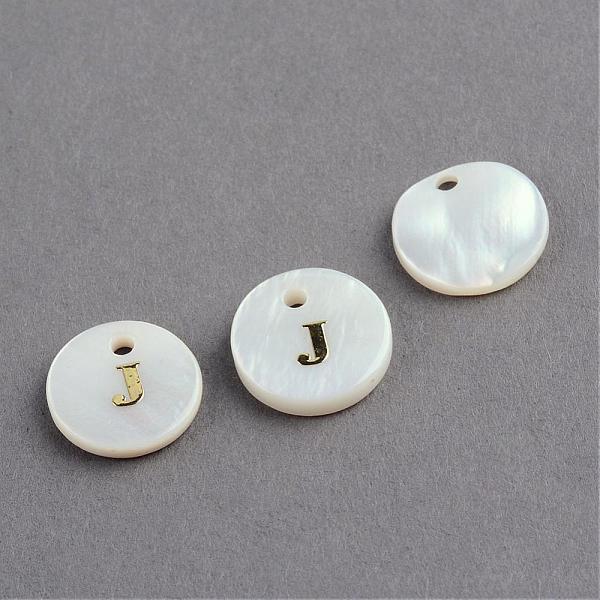

PandaHall Freshwater Shell Pendants, Flat Round with Gold Blocking Letter.J, 11.5x2mm, Hole: 1.5mm Freshwater Shell Letter J