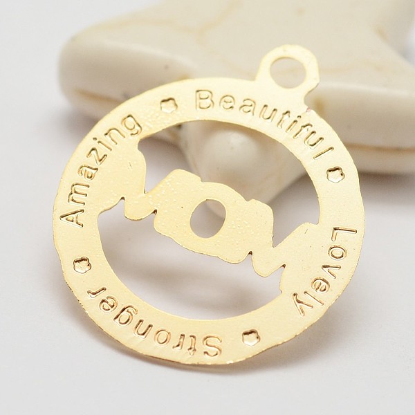 

PandaHall Brass Pendants, Long-Lasting Plated, Flat Round, with Words, Golden, 17.5x15x0.5mm, Hole: 1.5mm Brass Flat Round
