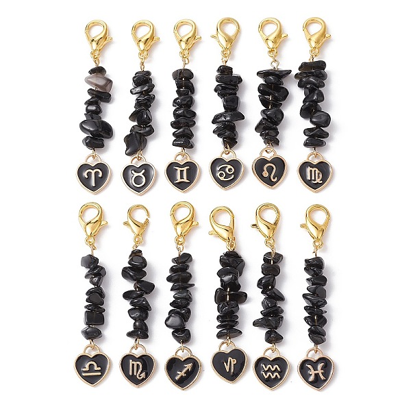

PandaHall Natural Obsidian Pendant Decoration, with Alloy Enamel Charms, Heart with Constellation, 64~65mm, 12pcs/set Obsidian Heart