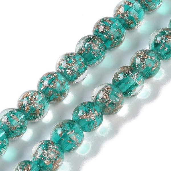 

PandaHall Handmade Gold Sand Lampwork Beads, Round, Teal, 8~8.5x7.5~8mm, Hole: 1.5mm, about 48pcs/strand, 14.02''(35.6cm) Lampwork Round..., Cyan